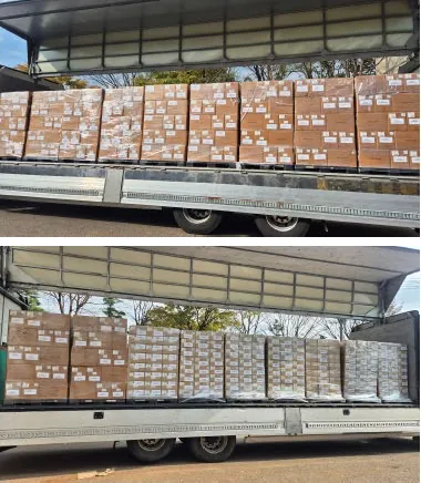 A full truck loaded with pallets of two SPF products for KR BRANDS